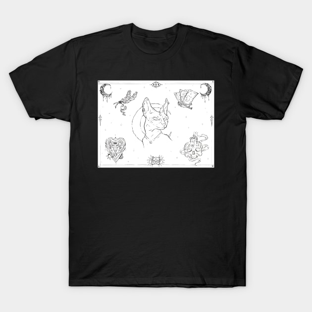 Flash Sheet Wiccan Sphinx Magic inspired traditional tattoo pen and ink T-Shirt by IrenesGoodies